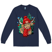 Navy Red Christmas long haired Cow Long Sleeve Tee - NancyCooperArtShop