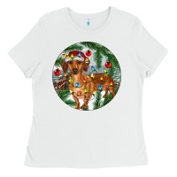 White Dachshund Christmas Tree Ladies Tee - RanaPortraitStore