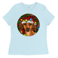 Baby Blue Christmas Dachshund Ladies Tee - RanaPortraitStore