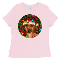 Bubblegum Pink Christmas Dachshund Ladies Tee - RanaPortraitStore