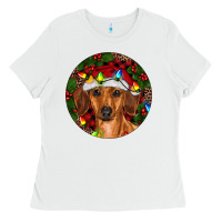 White Christmas Dachshund Ladies Tee - RanaPortraitStore