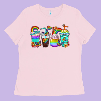 Rainbow Coffee Cups Ladies Tee Designed By Texasbilliewilder