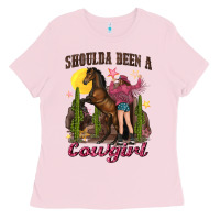 Bubblegum Pink shoulda been a cowgirl bucking horse Ladies Tee - texasbilliewilder