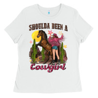 White shoulda been a cowgirl bucking horse Ladies Tee - texasbilliewilder