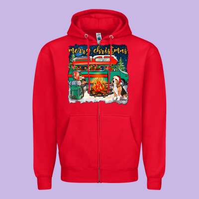 Merry Christmas With Camper Van Zipper Hoodie Designed By Nancycooperartshop