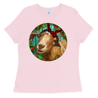 Bubblegum Pink Farm Goat Christmas Ladies Tee - RanaPortraitStore
