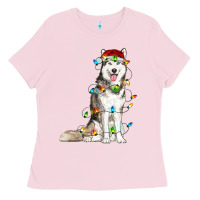 Bubblegum Pink Husky Christmas Lights Ladies Tee - RanaPortraitStore