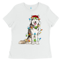 White Husky Christmas Lights Ladies Tee - RanaPortraitStore