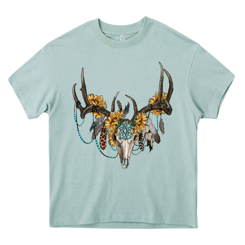 Boho Deer Skull Sunflowers And Gemstone Heavy Core Tee by RanaPortraitStore | Teevron