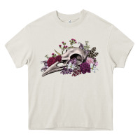 Cream Boho floral raven skull Heavy Core Tee - RanaPortraitStore