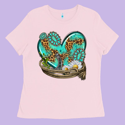 Ladies Tee turquoise western heart with horseshoe