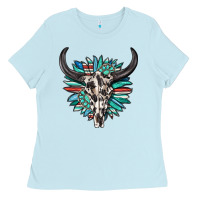 Baby Blue western bull skull with sunflower and gemstone Ladies Tee - texasbilliewilder