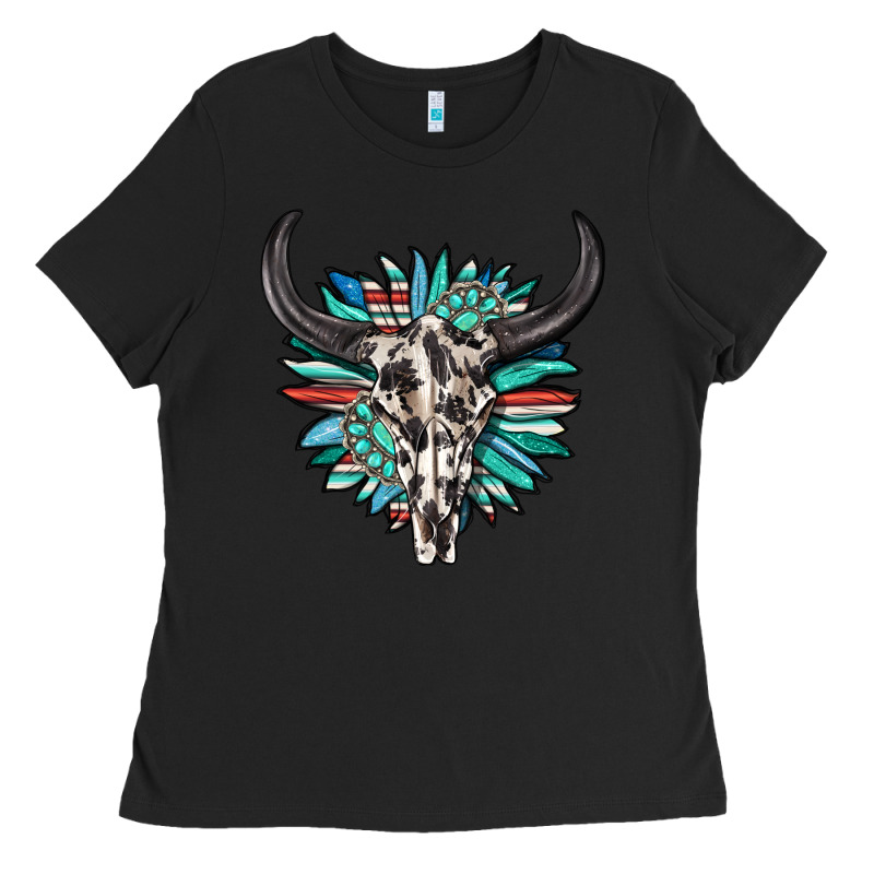 Western Bull Skull With Sunflower And Gemstone Ladies Tee by texasbilliewilder | Teevron