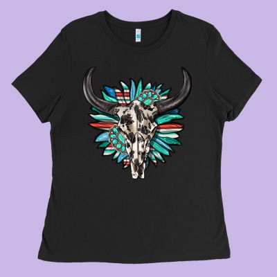 Ladies Tee western bull skull with sunflower and gemstone
