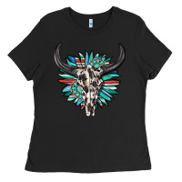 Black western bull skull with sunflower and gemstone Ladies Tee - texasbilliewilder