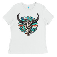 White western bull skull with sunflower and gemstone Ladies Tee - texasbilliewilder