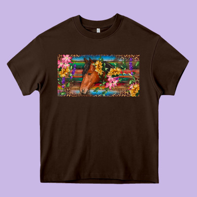 Heavy Core Tee Brown horse with flowers and leopard