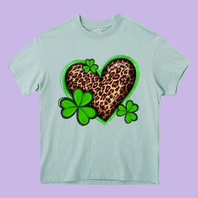 St Patricks Day Leopard Heart With Shamrocks Heavy Core Tee Designed By Artiststas
