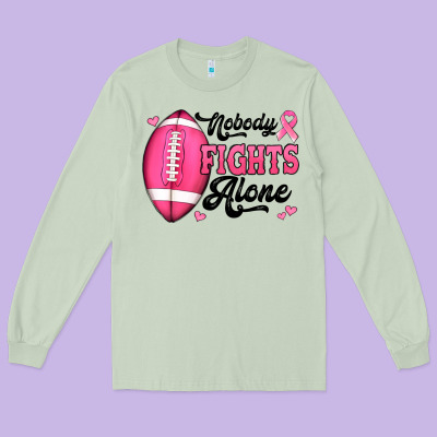 Nobody Fights Alone Pink Football Breast Cancer Awareness Long Sleeve Tee Designed By Jasminsmagicworld