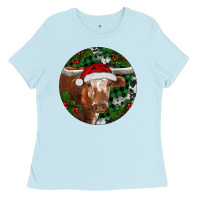 Baby Blue Longhorn Cow Christmas Ladies Tee - RanaPortraitStore