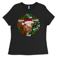 Black Longhorn Cow Christmas Ladies Tee - RanaPortraitStore