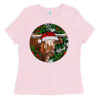 Bubblegum Pink Longhorn Cow Christmas Ladies Tee - RanaPortraitStore