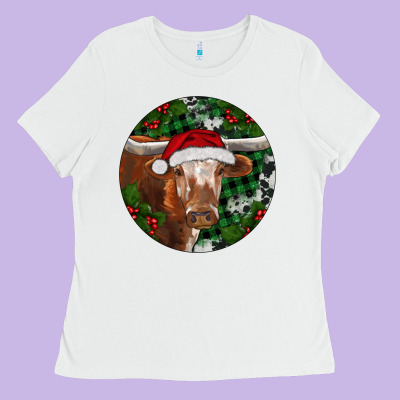 Ladies Tee Longhorn Cow Christmas