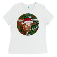White Longhorn Cow Christmas Ladies Tee - RanaPortraitStore