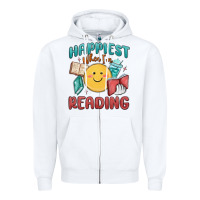 White happiest when i'm reading Zipper Hoodie - MaliasSmallBusiness