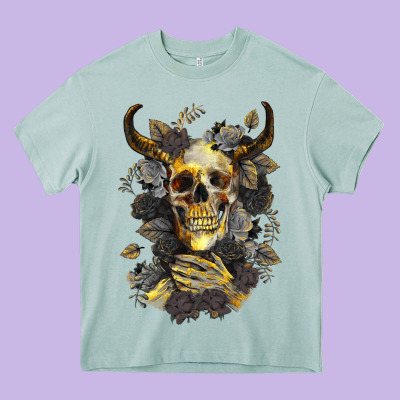 Heavy Core Tee Bull Human Skull With Gold Roses