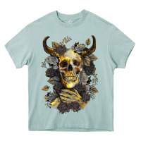 Arona Bull Human Skull With Gold Roses Heavy Core Tee - RanaPortraitStore