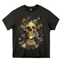 Asphalt Bull Human Skull With Gold Roses Heavy Core Tee - RanaPortraitStore