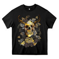 Black Bull Human Skull With Gold Roses Heavy Core Tee - RanaPortraitStore