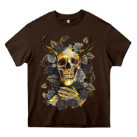 Chocolate Brown Bull Human Skull With Gold Roses Heavy Core Tee - RanaPortraitStore