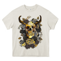Cream Bull Human Skull With Gold Roses Heavy Core Tee - RanaPortraitStore