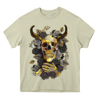 Mossy Bull Human Skull With Gold Roses Heavy Core Tee - RanaPortraitStore