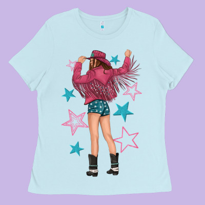 Ladies Tee western pink with stars and cowgirl
