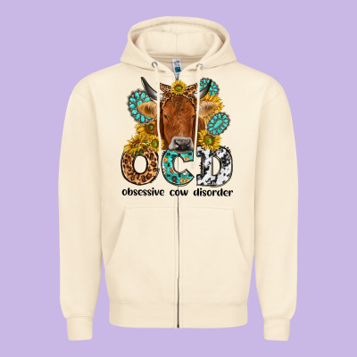 Obsessive Cow Disorder Zipper Hoodie Designed By Nancycooperartshop