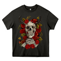 Asphalt Bull Human Skull With Roses Heavy Core Tee - RanaPortraitStore