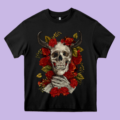 Heavy Core Tee Bull Human Skull With Roses