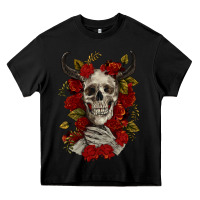 Black Bull Human Skull With Roses Heavy Core Tee - RanaPortraitStore