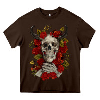Chocolate Brown Bull Human Skull With Roses Heavy Core Tee - RanaPortraitStore