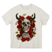 Cream Bull Human Skull With Roses Heavy Core Tee - RanaPortraitStore