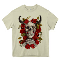Mossy Bull Human Skull With Roses Heavy Core Tee - RanaPortraitStore