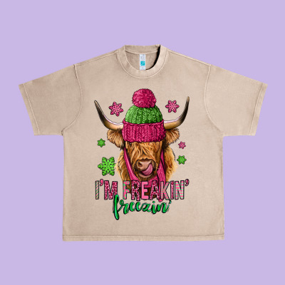 I'm Freakin Freezin Pink Christmas Long Haired Cow Urban Heavy Tee Designed By Jasminsmagicworld