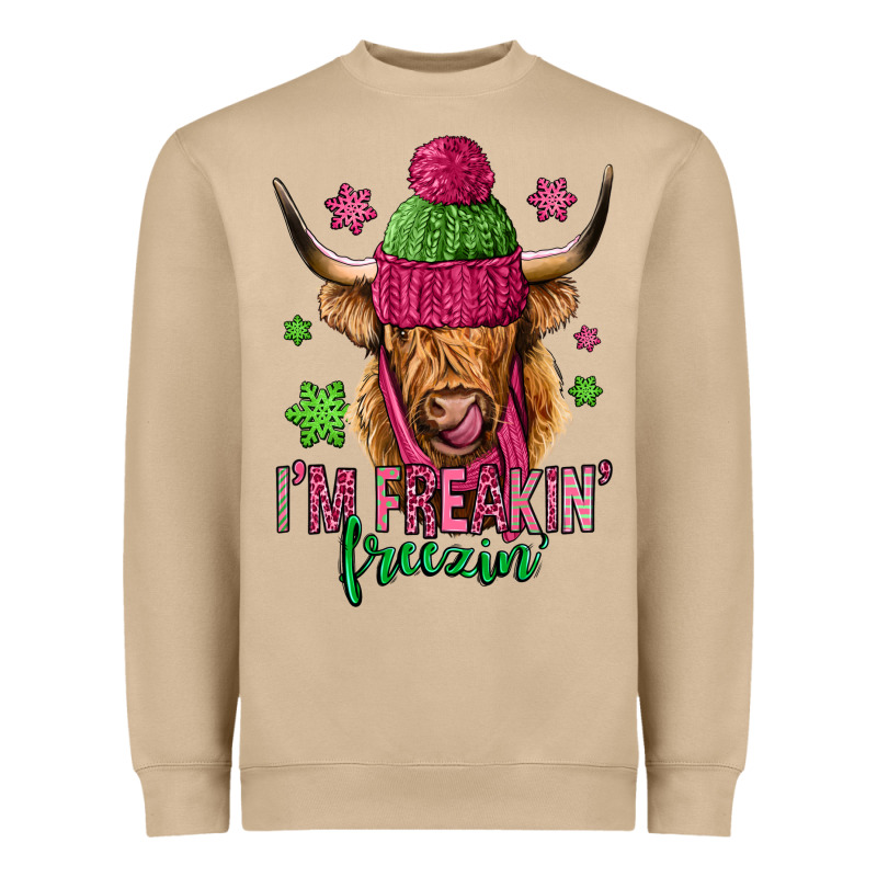 I'm Freakin Freezin Pink Christmas Long Haired Cow Heavyweight Sweatshirt by Jasminsmagicworld | Teevron