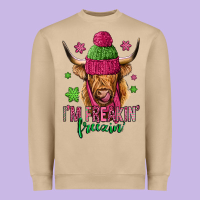 I'm Freakin Freezin Pink Christmas Long Haired Cow Heavyweight Sweatshirt Designed By Jasminsmagicworld