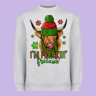 I'm Freakin Freezin Christmas Long Haired Cow Heavyweight Sweatshirt Designed By Jasminsmagicworld