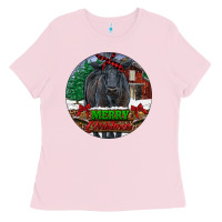 Bubblegum Pink Black Angus Cattle Merry Christmas Ladies Tee - RanaPortraitStore