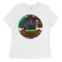 White Black Angus Cattle Merry Christmas Ladies Tee - RanaPortraitStore